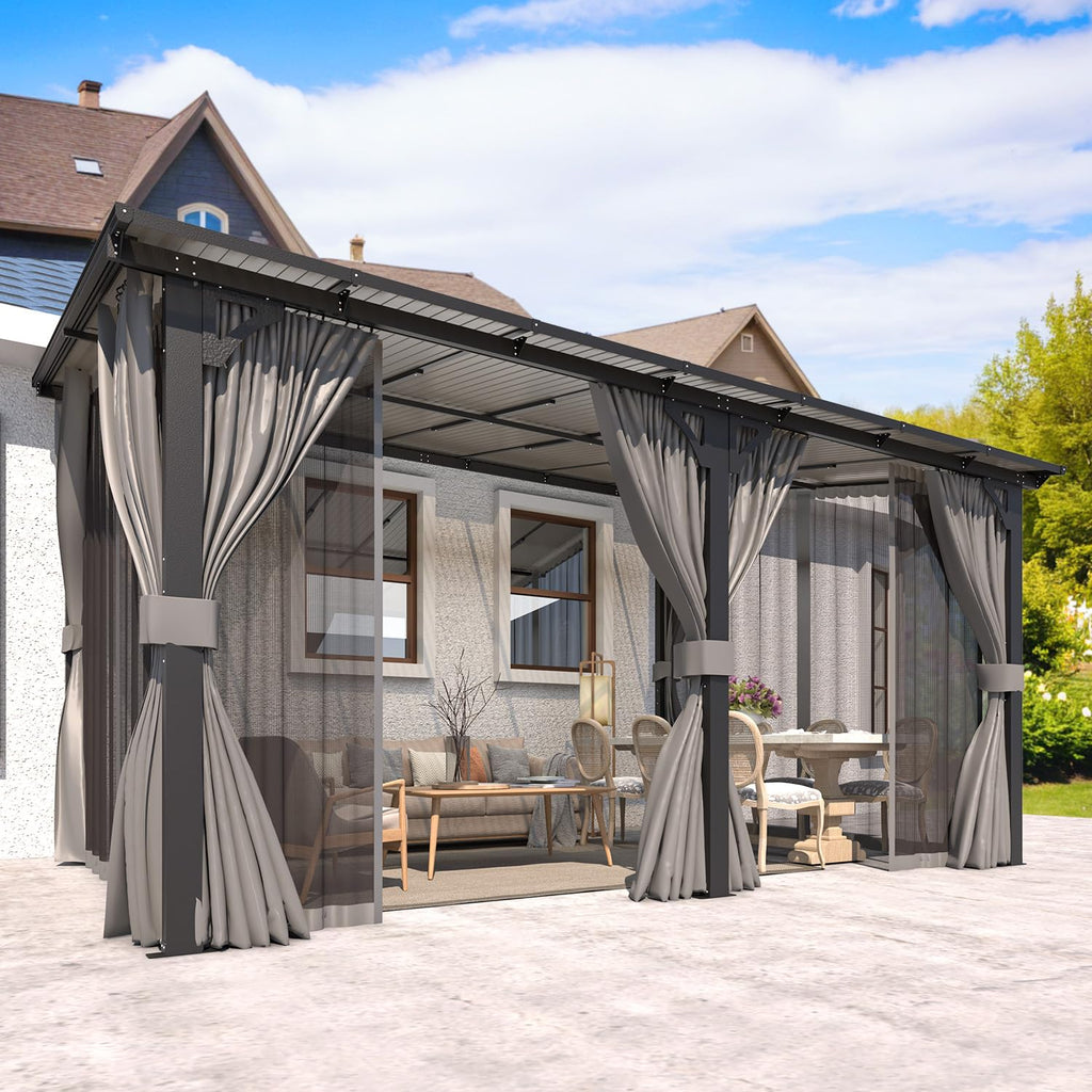 NetSo Wall Gazebo 14'x10' Gray with Curtains and Mosquito Netting - Outdoor Shade and Protection