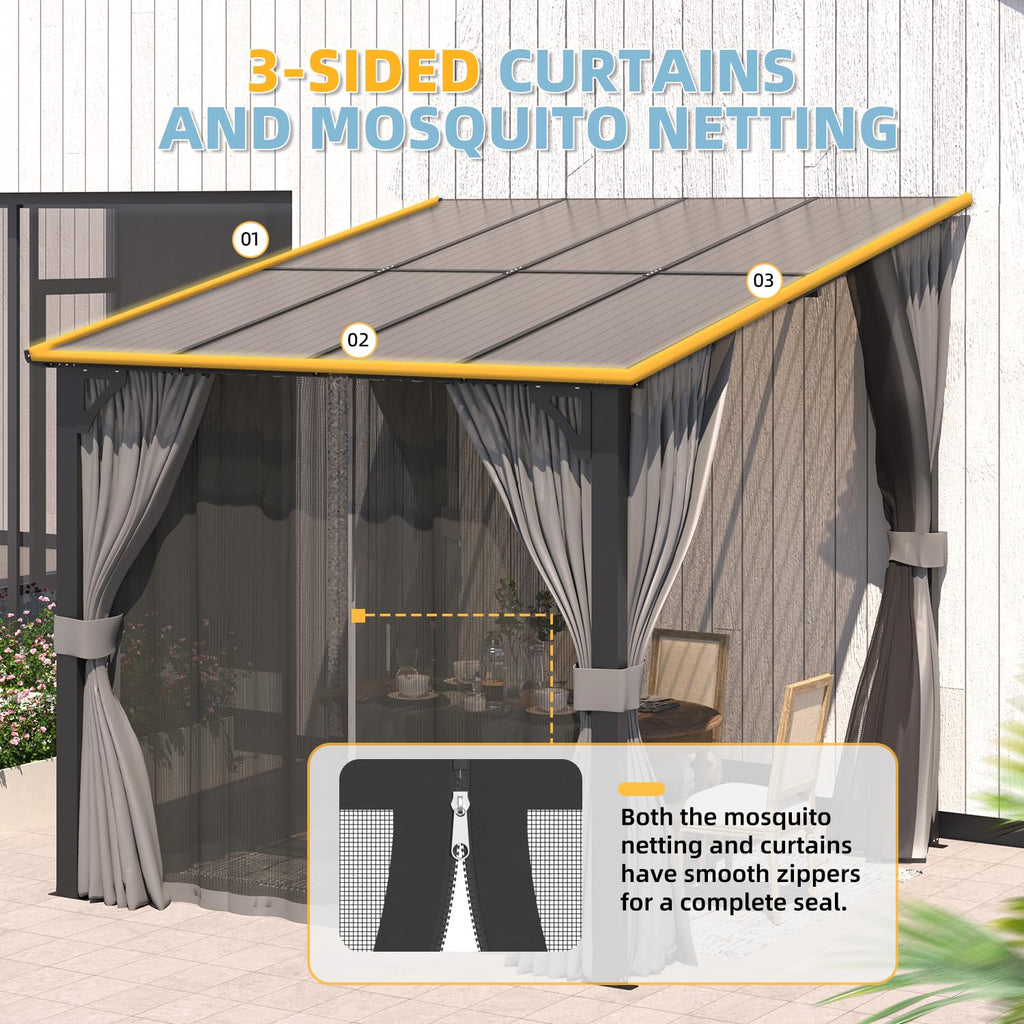 NetSo Wall Gazebo 10'x10' Gray with Curtains and Mosquito Netting - Perfect Outdoor Shelter