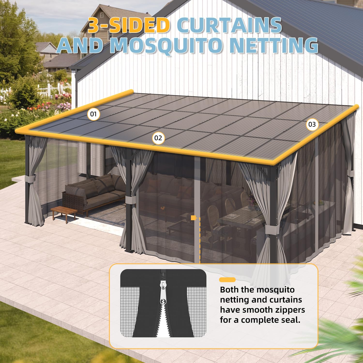 NetSo Wall Gazebo 20'x12' Gray with Curtains and Mosquito Netting - Outdoor Shade Solution
