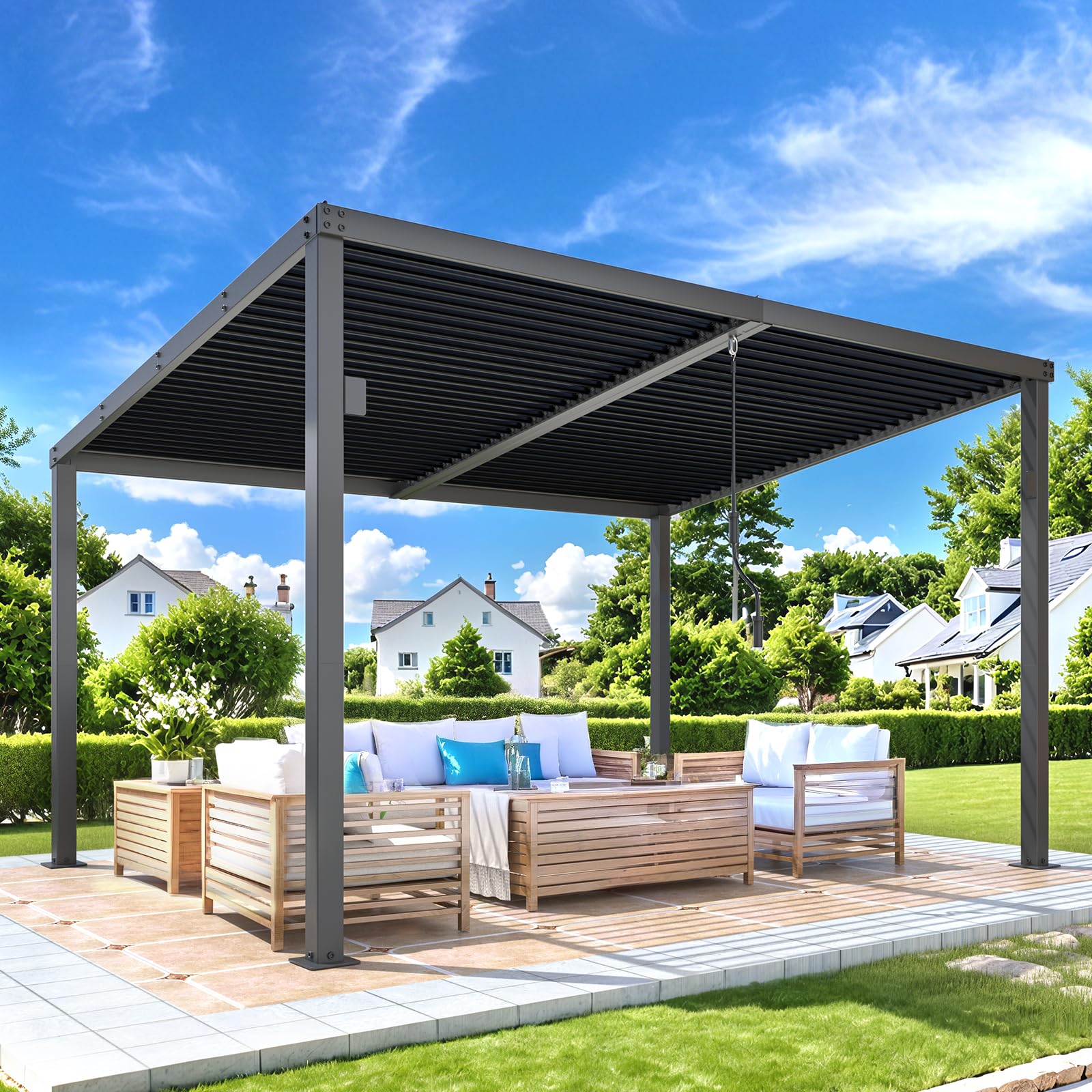 NetSo Louvered Gazebo Pergola 13' x 10' Hardtop - Outdoor Wall-Mounted Shade Solution