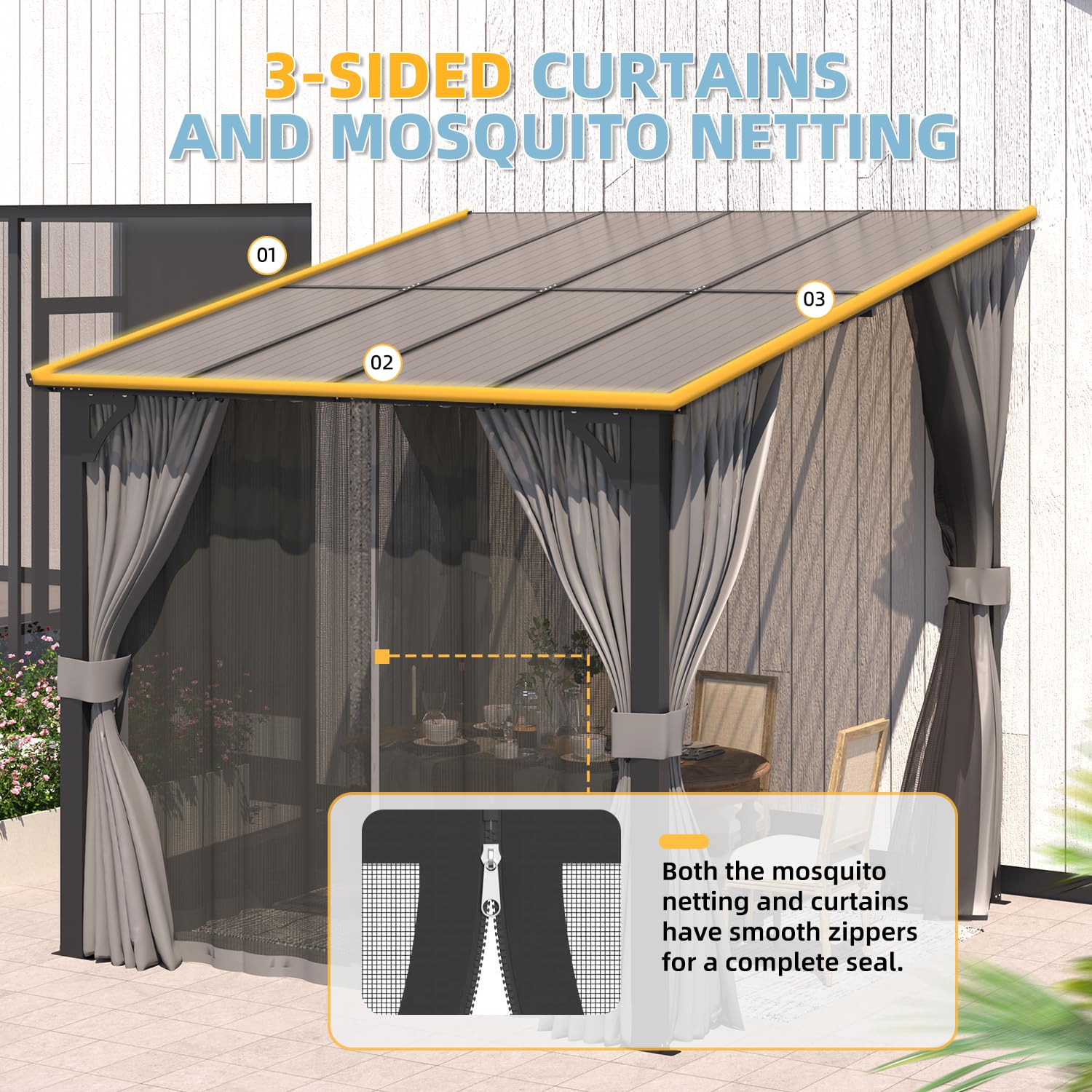 NetSo Wall Gazebo 8'x8' Gray with Curtains and Mosquito Netting - Outdoor Comfort and Protection
